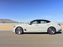 Genesis G70 in white on a desert test track