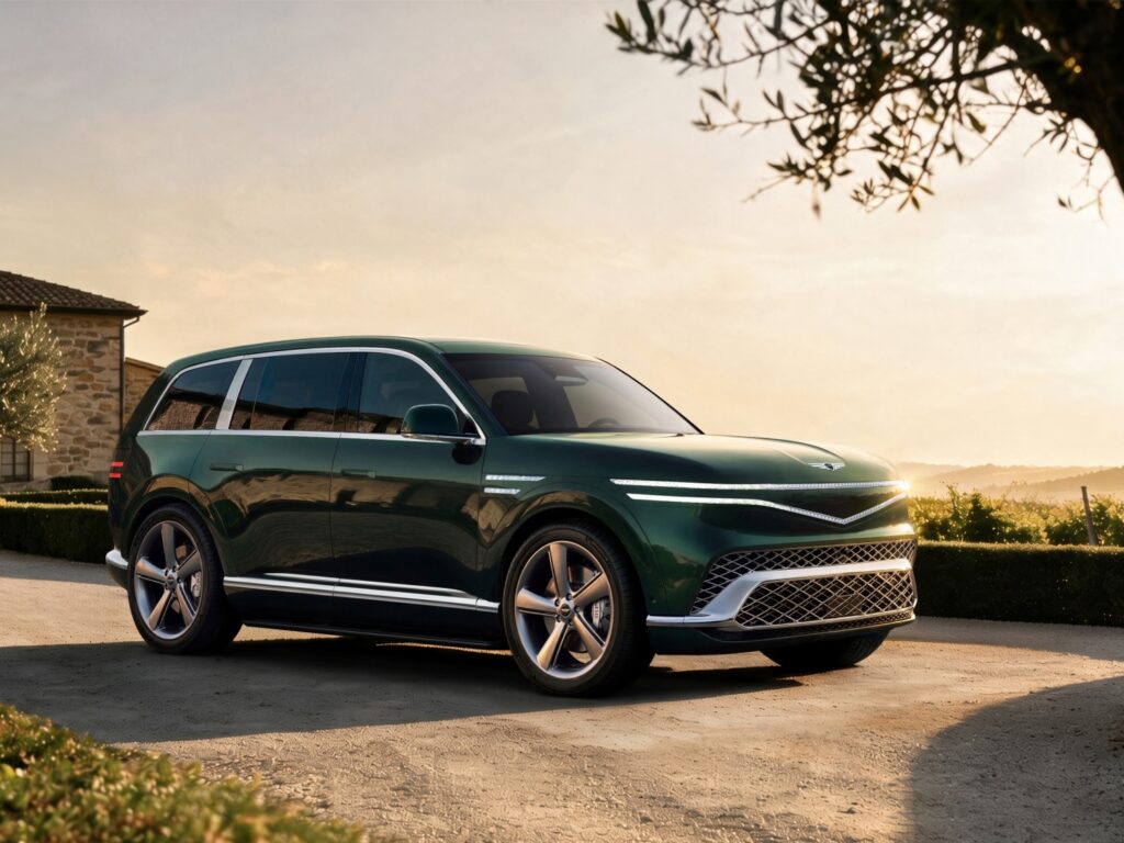 2028 Genesis GV90 in green on a gravel drive at sunset