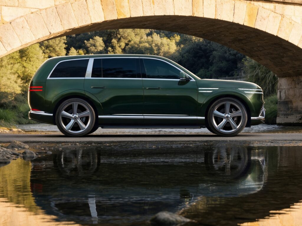 2028 Genesis GV90 in green parked beneath a stone bridge
