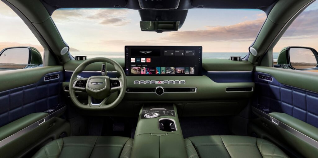2028 Genesis GV90 dashboard with the Cinematic Display extended into Media Home mode