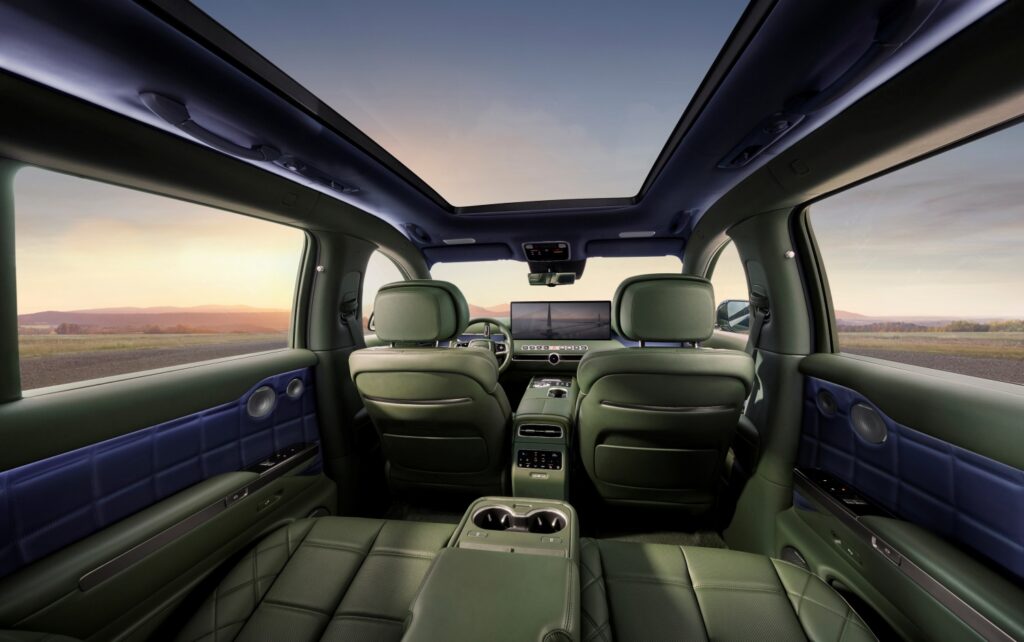 2028 Genesis GV90 cabin looking forward through the Smart Vision Roof